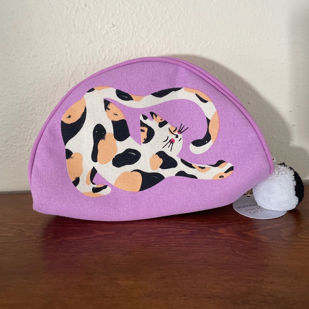 Paper Source Exclusive Stretching Calico‎ Cat Purse zipper Pouch 6X8 NWT NEW